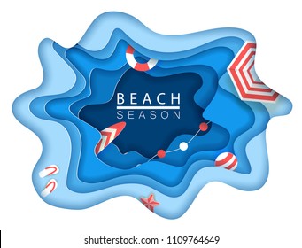 Tropical beach in paper art style. Vector top view paper cut illustration. Summer holiday concept poster template.  Craft origami.