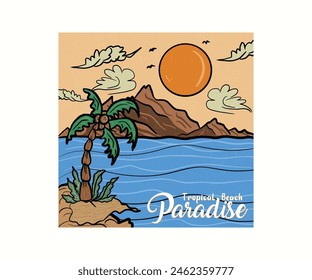 Tropical Beach Paradise graphics design, typography slogan on palm trees background. Summer beach vibes. Sunshine with wave. Sunset Summer Wave Beach Vibes.