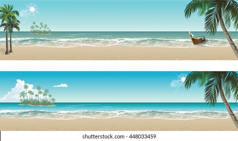 Tropical beach paradise. Vector seaside view posters