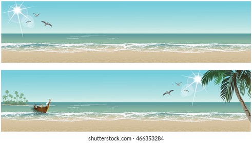 Tropical beach paradise. Vector seaside view posters