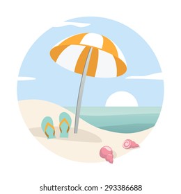  Tropical beach with parasol, flip-flops and shells.