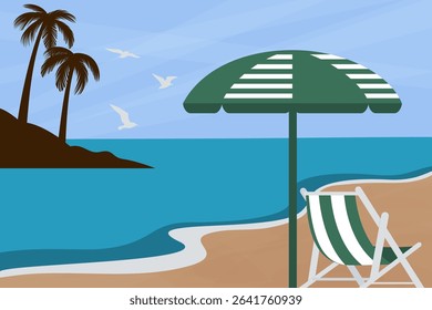 tropical beach with parasol and lounge chair, island with palm tree, clear sky and flying seagulls