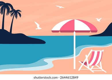 tropical beach with parasol and lounge chair, pink sky and seagull