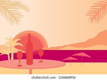 Tropical beach with parasols, sea with sunset, table with bottle of wine and two glasses - vector