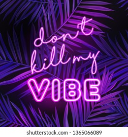 Tropical Beach Party Banner with Neon Lettering. Hot Summer Night Club Signboard Poster with Palm Leaves. Disco Poster Illuminated Sign. Vector illustration