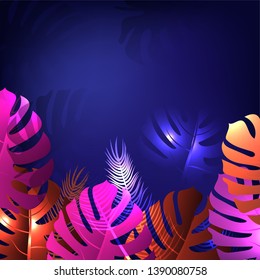 Tropical Beach Party Banner with Neon Lettering. Hot Summer Night Club Signboard Poster with Palm Leaves. Disco Poster Illuminated Sign. Vector illustration - Vector