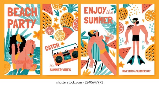 Tropical or beach party banner template set with funny characters with cocktails, diver and fruits. Cartoon characters in flat style