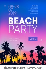 Tropical beach party flyer, brochure concept. Music concert invitation poster with typography. Active recreation advertisement template. Palm trees silhouette on blurry background vector illustration
