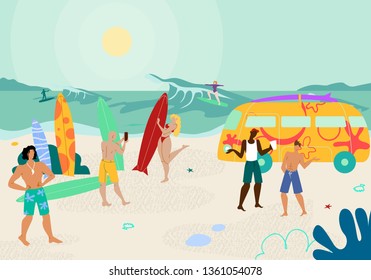 Tropical Beach Party with People Enjoying Hot Summer Time. Young Men and Women Enjoying Surfing Activity at Sandy Seaside with Big Waves. Young Characters Leisure. Cartoon Flat Vector Illustration.