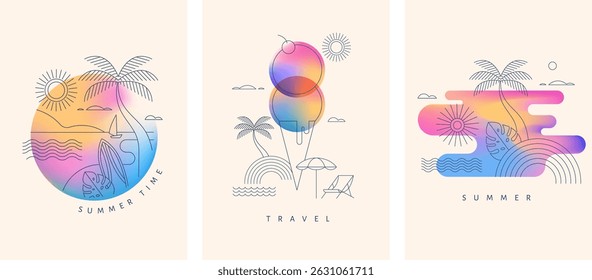 Tropical beach party and summer vacation geometric line art with neon gradient background. Colorful linear vector illustration with palm trees, ocean and ice cream.