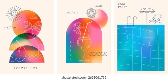 Tropical beach party and summer vacation geometric line art with bold color gradient background. Colorful linear vector illustration with palm trees, sun, ocean, pool and cocktail glass.