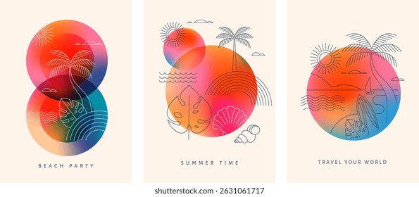 Tropical beach party and summer vacation geometric line art with bold color gradient background. Colorful linear vector illustration with palm trees, sun, ocean and jungle leaves 