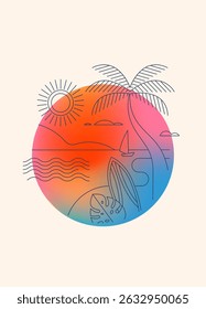 Tropical beach party and summer vacation geometric line art with bold color gradient background. Colorful linear vector illustration with palm trees, sun and ocean beach.