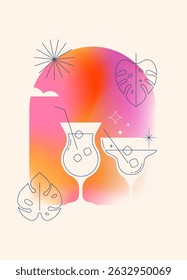 Tropical beach party and summer vacation geometric line art with bold color gradient background. Colorful linear vector illustration with monstera leaves and cocktail glasses.