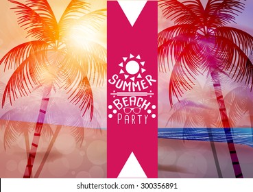 Tropical Beach Party Vacation Background Design with Palm Trees - Vector Illustration