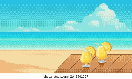 Playa tropical pixel art con dos cócteles de piña en una cubierta de madera. Cielo brillante, mar tranquilo y ambiente de vacaciones de verano. Ilustración vectorial.