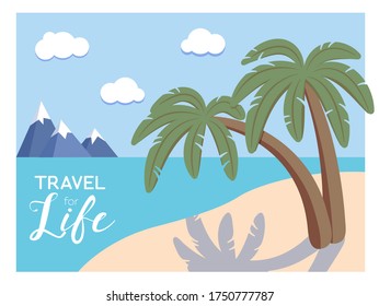 Tropical Beach Postcard With Sand, Sea And Palm Trees. Flat Vector Illustration.