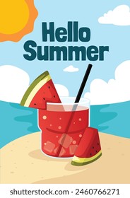 Tropical beach poster with a picture of watermelon juice, suitable for restaurant design posters, juice drink posters, and other designs with a summer theme. Illustration vector format ready to print.