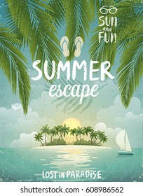 Tropical Beach Poster, Summer Escape. Vector Illustration.