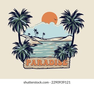 tropical beach print design, palm beach vector illustration, summer outdoor retro vintage design, summer print design for t shirt, poster, clothing, sticker 