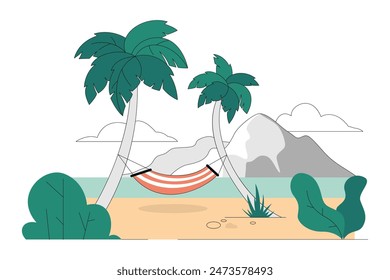 Tropical beach relaxation concept. A peaceful scene with a hammock suspended between palm trees, serene ocean and mountains. Vector illustration.