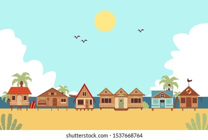 Tropical beach with resort guest houses or bungalows and palms, flat cartoon vector illustration. Summer seaside vacation background or ocean coast landscape.