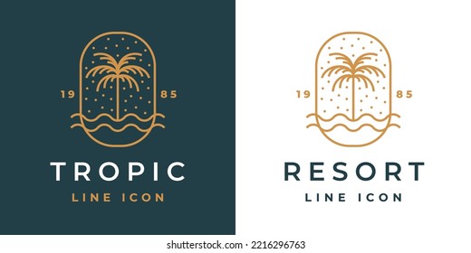 Icono tropical de la línea de resort de playa. Logo de la palmera. emblema del paraíso costero. Símbolo de vacaciones de verano. Cartel de un hotel de playa exótico. Ilustración vectorial.