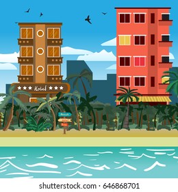 Tropical beach in the resort town with hotels. Flat vector cartoon illustration