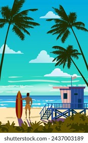 Póster retro de playa tropical, surfista con tabla de surf. Casa de socorristas en la playa