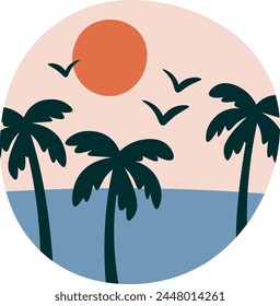 Tropical Beach Round Badge Vector Illustration