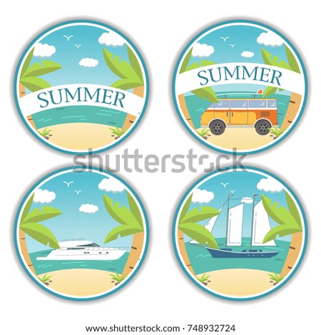 Tropical beach with sand and palm trees. A landscape sea the resort for rest and a holiday.In flat style a vector.The tourist van,family bus for travel.Cruise on the sailing vessel and the yacht.