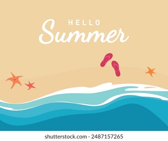 Tropischer Strand mit Sand, Meer und Sonnenschirm, Blick von oben. Flyer für Sommerferien mit Seestern, Flip Flops und Sonnenschirm. Vektorillustration