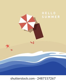 Tropical beach with sand, sea and umbrella, top view. Summer vacation flyer with starfish, flip flops and beach umbrella. vector illustration