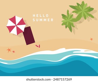 Tropical beach with sand, sea and umbrella, top view. Summer vacation flyer with starfish, flip flops and beach umbrella. vector illustration