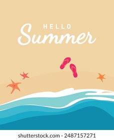 Tropical beach with sand, sea and umbrella, top view. Summer vacation flyer with starfish, flip flops and beach umbrella. vector illustration