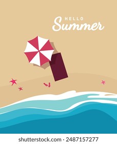 Tropical beach with sand, sea and umbrella, top view. Summer vacation flyer with starfish, flip flops and beach umbrella. vector illustration