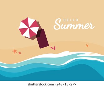 Tropical beach with sand, sea and umbrella, top view. Summer vacation flyer with starfish, flip flops and beach umbrella. vector illustration