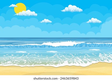 Playa tropical. Playa de arena bajo el sol brillante. Ilustración vectorial en estilo plano