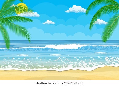 Tropical beach. Sandy beach under the bright sun. Vector illustration in flat style