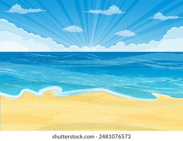 Tropical beach. Sandy beach under the bright sun. Vector illustration in flat style