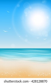 Tropical beach. Sandy beach under the bright sun. Marine background.