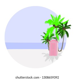 Tropical beach scene with coconut palm trees and beach hut vector