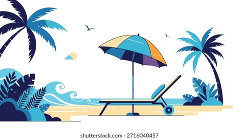 Escena de playa tropical con tumbona vacía y sombrilla de colores cerca de las olas del océano y palmeras para la promoción de viajes de verano.