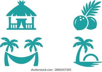 Tropical beach scene featuring a gazebo, coconuts, palm trees, hammock, and sunset