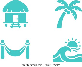 Tropical beach scene featuring a hammock, palm tree, and sunset over the waves