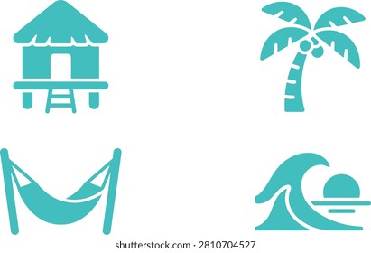 Tropical beach scene featuring a hammock, palm tree, and sunset over the ocean