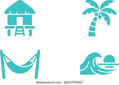Tropical beach scene featuring a hammock, palm tree, beach hut, and sunset waves