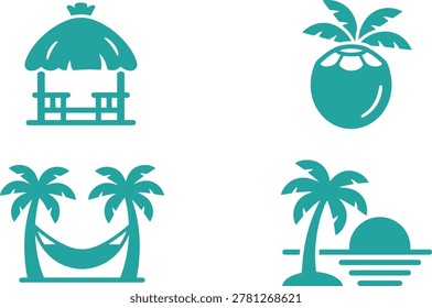 Tropical beach scene featuring a hut, coconut, hammock, and palm trees at sunset