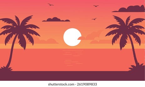 Tropical beach scene featuring palm trees, the sea, and a summer resort under a sunset sky with clouds.