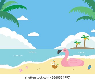 Tropical Beach Scene with Flamingo Float and Palm Trees